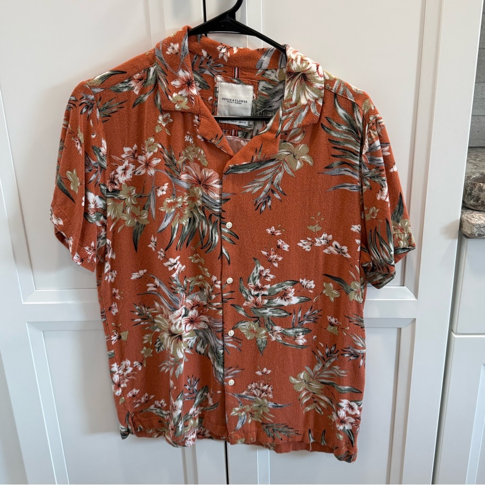 Denim and Flower Orange Hawaiian button up shirt